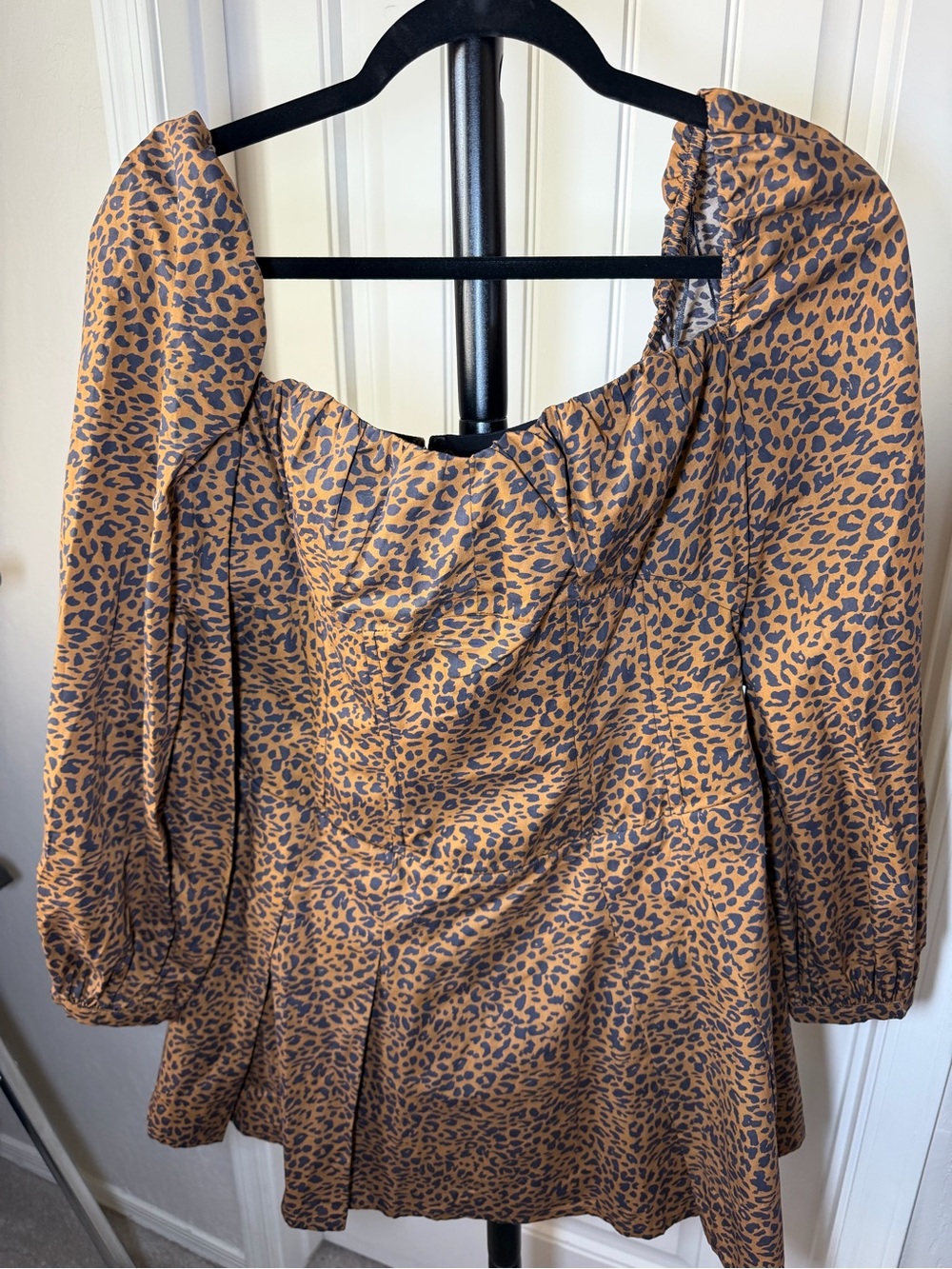Bardot Tan and Black Leopard Print Puff Sleeve Dress